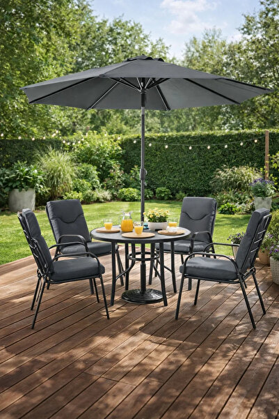 MARIA HOMES Modern 4 Seater Garden Dining Set with Parasol and Round Table Da...