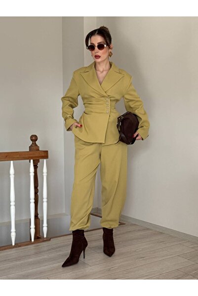YK FASHION Premium Drape Bel Oturtmalı Ceket Takım