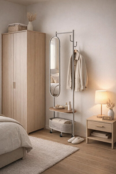 MARIA HOMES Modern Mobile Coat Rack Stand with Oval Mirror Shelf and Basket S...