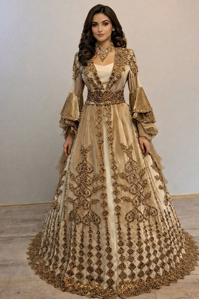 ZK ZÜMRÜT KAFTAN Gold Kadife Bindallı Prenses Model Gelin Kına Kaftanı 5'li S...