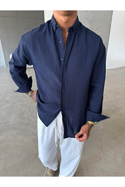 MADZEYMODA Men's Navy Blue Comfortable Fit Cotton Linen Shirt Ls-19845