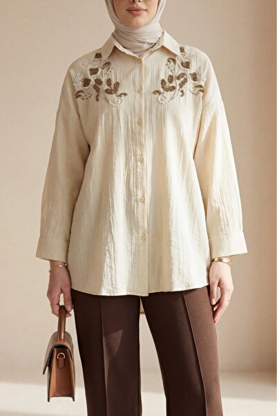 Modamorfo Floral Bead Patterned Buttoned Strawberry Shirt -Beige