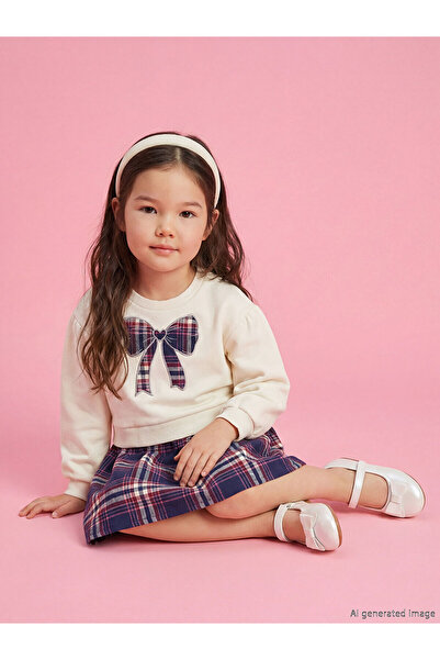 LC Waikiki M&B Collection Ecru Crew Neck Plaid Pleated Girls' Thick Dress