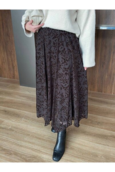 Rouge Flok baskı astarlı tül etek