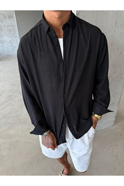 MADZEYMODA قميص رجالي أسود مريح من القطن والكتان LS-19845