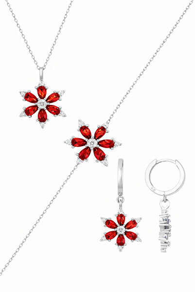 Bilsen Store 925 Ayar Gümüş Kaplama Kırmızı Taşlı Hediyelik Set