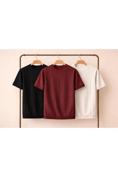 threeoff Men's Ribbed Basic T-Shirt, Crew Neck, Slim Fit, Knitwear Look, Set ...