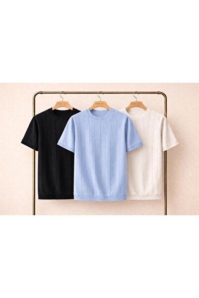 threeoff Men's Ribbed Basic T-Shirt, Crew Neck, Slim Fit, Knitwear Look, Set ...