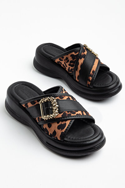 Dilimler Ayakkabı Black Women's Wedge Heel Slippers with Cross Straps and Leo...