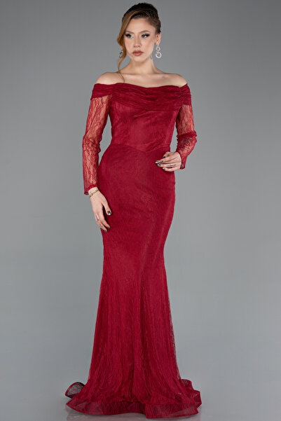 Abiyefon Vişne Kayık Yaka Uzun Kol Dantel Abiye Elbise ABU5617