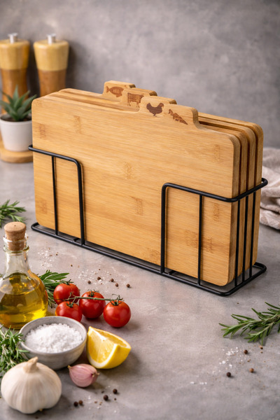 Alvin 4’lü Bambu Kesme Tahtası Seti – Metal Standlı, Hijyenik ve Düzenli Mutf...