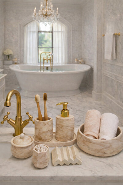 lufen deco Mermer Desenli 7'li Banyo Wc Seti-Sıvı Sabunluk Sunum Tepsisi Çeyi...