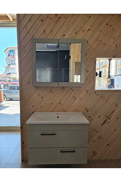 Muhtelif MRCLK Bej 80 cm Banyo Alt Dolap + Üst Dolap + Lavabo