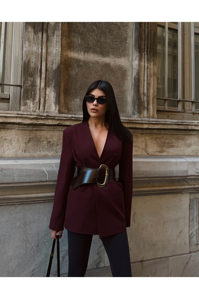 LB Laluna Butik Women's Double-Breasted Belted Blazer Jacket