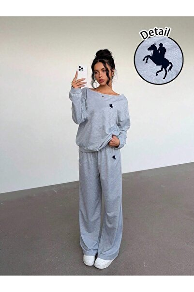 OVER HEAD Women's Figure Horse Printed Boat Neck Straight Leg Jogger Top and ...