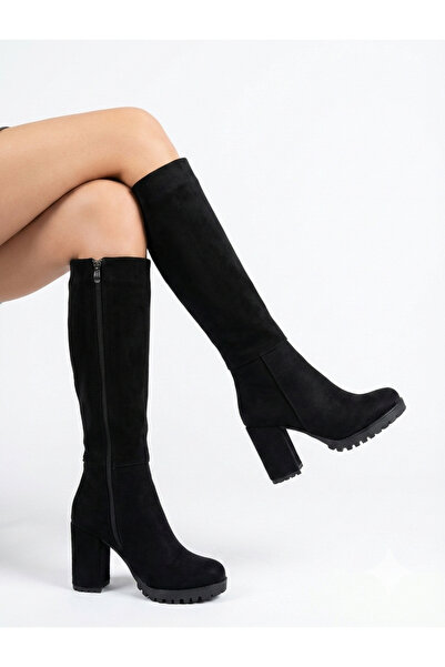 ÜNAL ÖZER Women's Black Suede High-Heeled Zippered Boots Un001-0118K