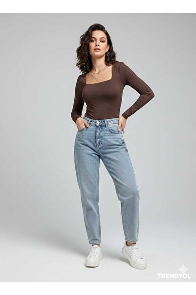 Foola Moda Siyah Kare Yaka Body Kadın Uzun Kollu Esnek Likralı Çıtçıtlı Bodys...