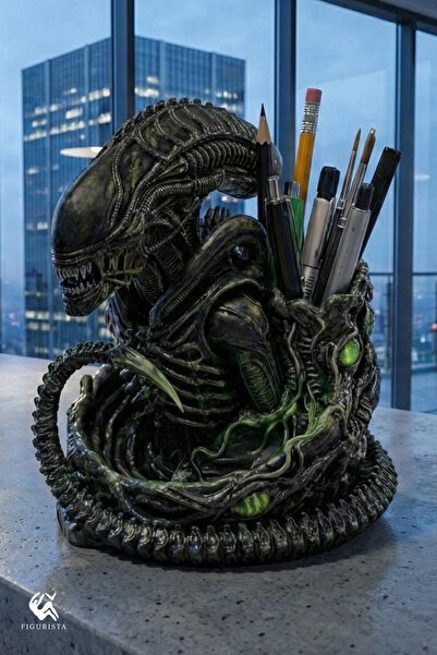 Figurista Alien - Xenomorph Büst Kalemlik – 16K UHD Resin Baskı El Boyama Pre...