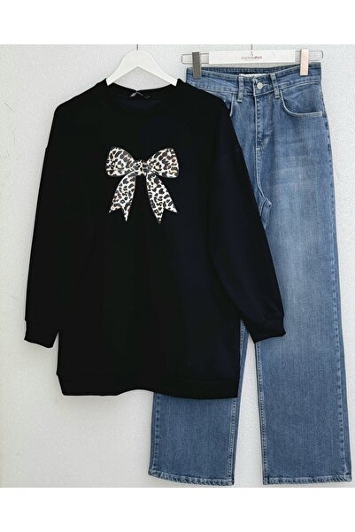 Modamorfo Round Neck Bowknot Printed Loose Tunic - Black