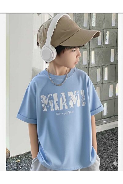 New Shine Детска тениска в светлосиньо с принт „Маями“