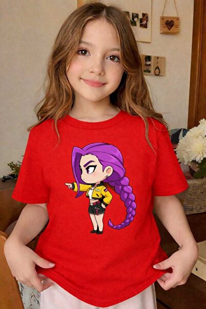 New Shine Purple-Haired Braided Girl Printed Red Children's T-Shirt