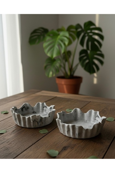 Silver Set of 2 Modern Wavy Form Handmade Ceramic Bowls - Decorative Presenta...