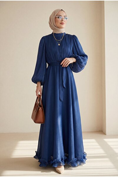 Modamorfo Janjan Chiffon Dress with Flounced Skirt and Belt - Navy Blue