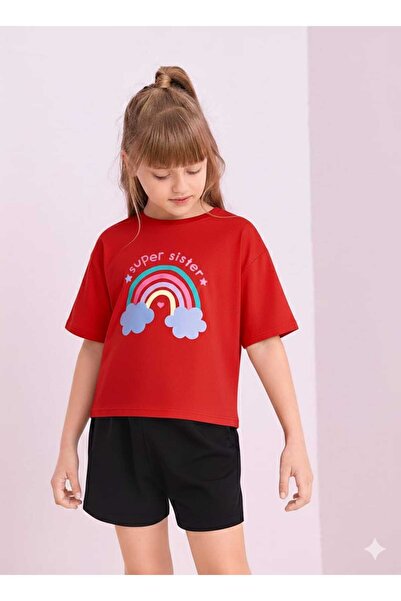 New Shine Rainbow Printed Red Children's T-Shirt