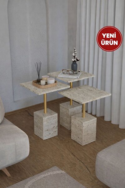 webotto 8 Edisam 3'lü Zigon Sehpa İkonik Yan Sehpa Servis Sehpası Gold Ahşap ...