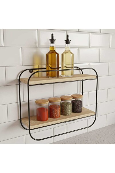 Sağlam Ahşap iki katlı dekoratif raf çok amaçlı duvar rafı metal iskeletli ik...