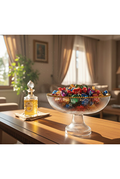 Sigma Cam ayaklı şekerlik 20 cm bayram şekerliği gold yaldızlı cam şekerlik