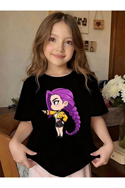 New Shine Purple Haired Braided Girl Printed Black Kids T-Shirt