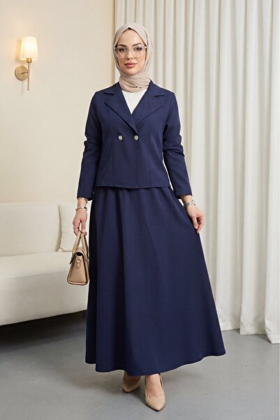 Modamorfo Double Buttoned Double Breasted Collar Jacket Skirt Double Crepe Su...