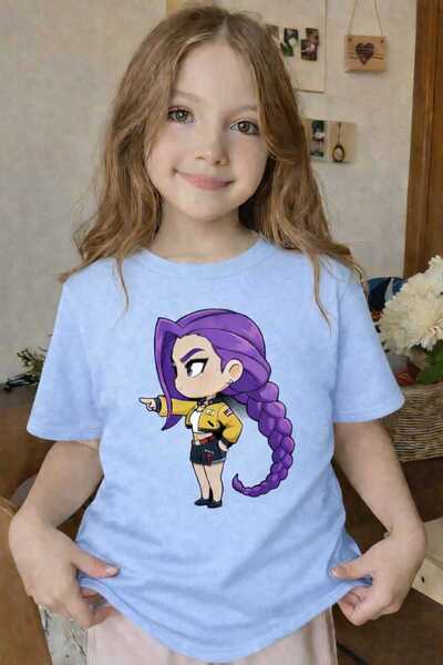 New Shine Purple Hair Braided Girl Printed Baby Blue Kids T-Shirt