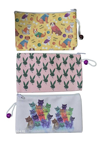 TGD_Designs Kedi ve Köpek Baskılı 3'Lü Makyaj Çantası Avantaj Seti, Kalemlik,...