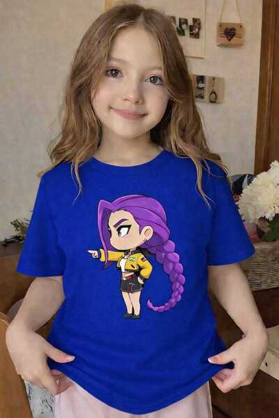 New Shine Purple Hair Braided Girl Printed Saks Blue Children's T-Shirt