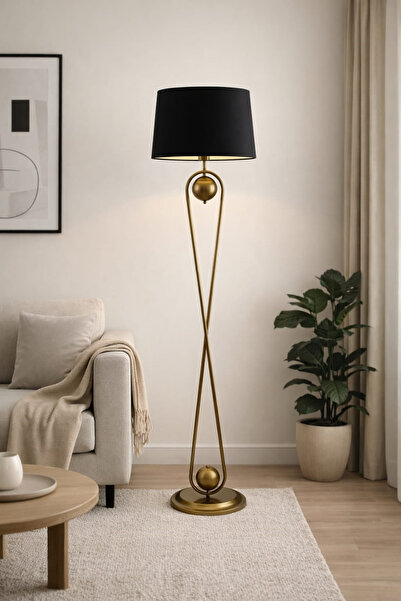 Taşcan Aydınlatma Delhi Eskitme Metal Ayaklı Lambader Siyah Şapka Modern , Ot...