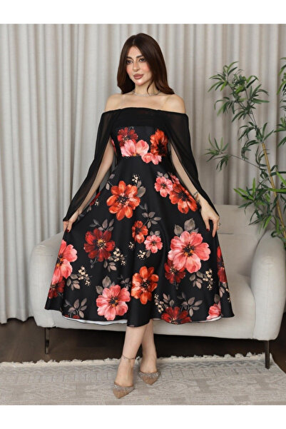 TREN Luxury Off-Shoulder Floral Gown Midi Length Chiffon Cape Dress for Forma...