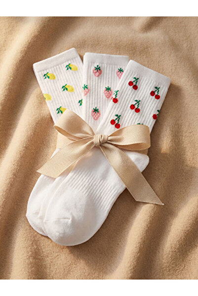 LC Waikiki Rmz Gi̇yi̇m Farkiyla Fruit Embroidered Women's Socks 3-Piece Set