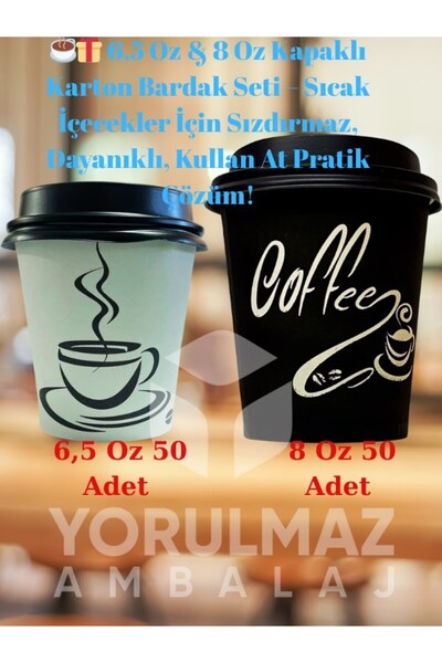 yorulmaz ambalaj ☕🎁 6,5 Oz & 8 Oz Kapaklı Karton Bardak Seti – Sıcak İçecekl...