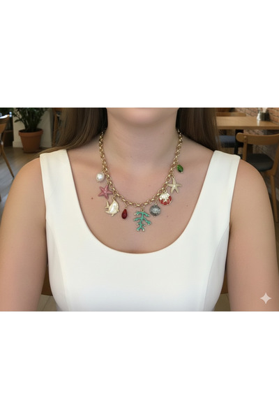 Sâden Collection Deniz Temalı Gold Charm Kolye - İncili, Deniz Yıldızı ve Fig...