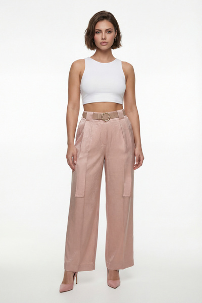 EXİTLİNE Women's Beige Summer Elastic Waist Belted Special Design Palazzo Tro...