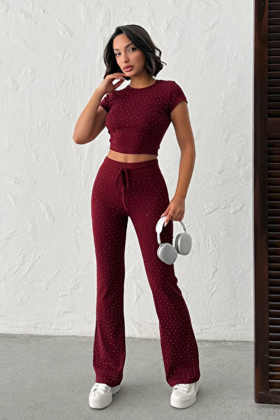 veres Elora Burgundy Stone Crop Tshirt and Spanish Flare Leggings Top and Bot...