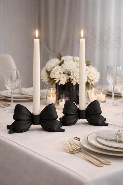 Effox Dekoratif Mat Siyah FİYONKLU 2’Lİ ŞAMDAN/MUMLUK Büyük boy