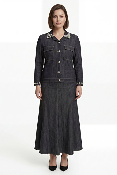 EXİTLİNE Women's Black Seasonal Elastic Waist Buttoned Stoned Denim Skirt-Jac...