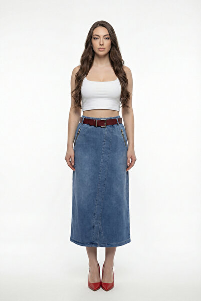 EXİTLİNE Women's Navy Blue Seasonal Elastic Waist Belted Zippered Special Des...