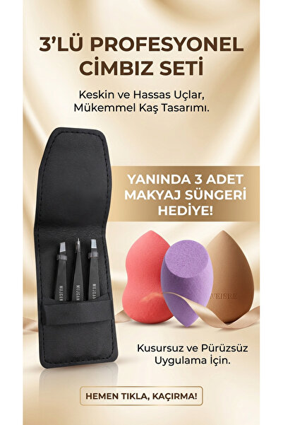 Weisre 3’lü Profesyonel Cımbız Seti + 3 Adet Makyaj Süngeri Hediyeli Kaş Alma...
