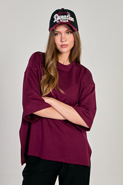 BARRELS AND OIL Women's side slit oversized modal t-shirt - burgundy