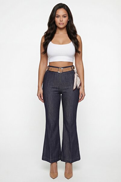 EXİTLİNE Women's Navy Blue Seasonal Elastic Waist Belted Spanish Flare Denim ...