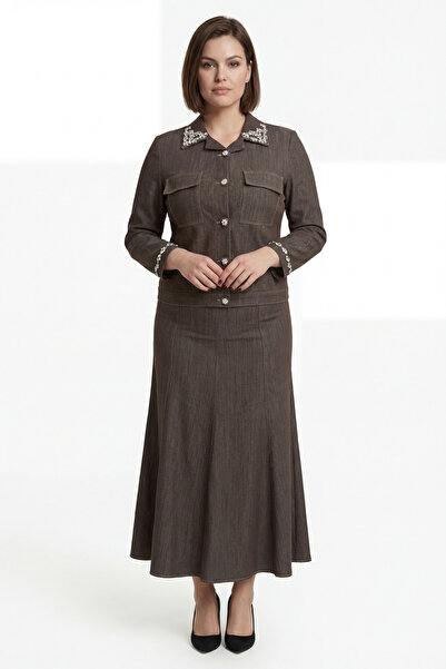 EXİTLİNE Women's Coffee-Colored Seasonal Elastic Waist Buttoned Stoned Denim ...